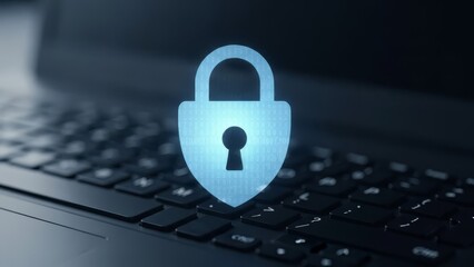 Digital security padlock icon with binary code overlay on laptop keyboard