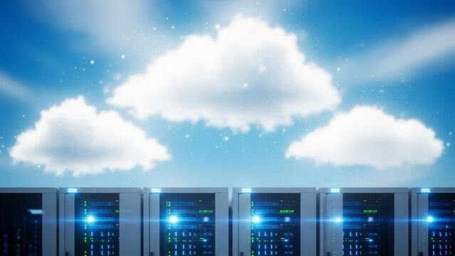 Data servers in a row under a cloudy sky with bright lights - Powered by Adobe