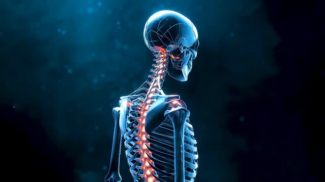 Human Skeletal and Nervous System Visualization with Glowing Spine and Neural Pathways in Dark Scientific Environment Showing Medical Anatomy
