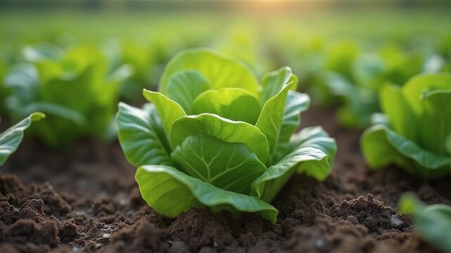 Close up of young green lettuce leaves in furrow
