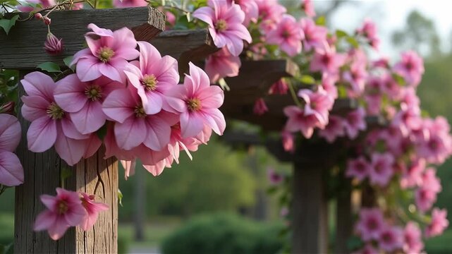Blooming pink clematis flowers covering rustic wooden arbor
