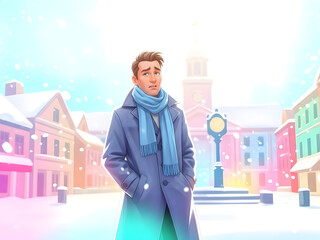 Young man standing in snowy town square during winter season  