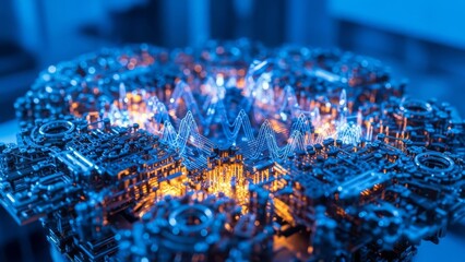 Futuristic abstract circuit board with glowing orange lights and blue waveform data