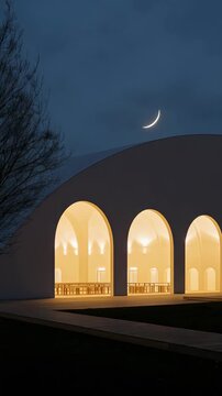 Soft lighting illuminates a contemporary structure built with elegant arches, all under a crescent moon in a twilight sky