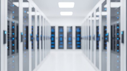 Modern data center with rows of server racks and glowing blue lights in a futuristic high-tech environment