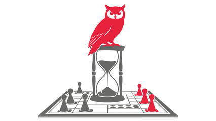 Red owl sitting on hourglass over chessboard with pieces
