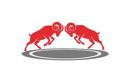 Two red rams head to head on a gray and white circular background