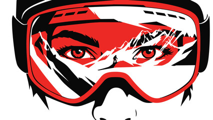 Closeup of a person wearing red ski goggles