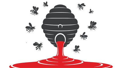 Illustration of a beehive with honey spilling out and bees flying around it
