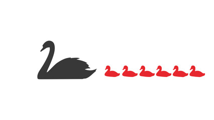 Black swan leading red ducks in a row