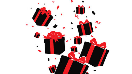 Black gift boxes with red ribbons and bows falling in air with confetti