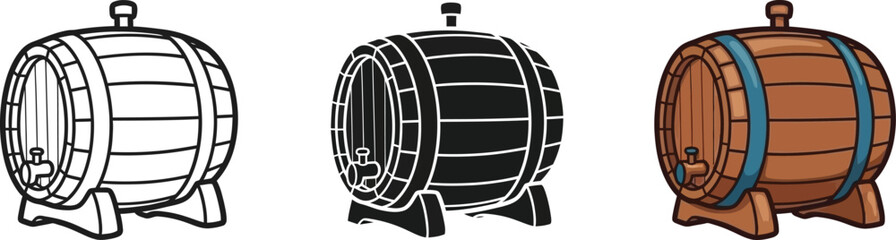 Three styles of a classic wooden barrel on a stand with a tap for dispensing beverages