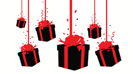 Black gift boxes with red ribbons and bows hanging from strings