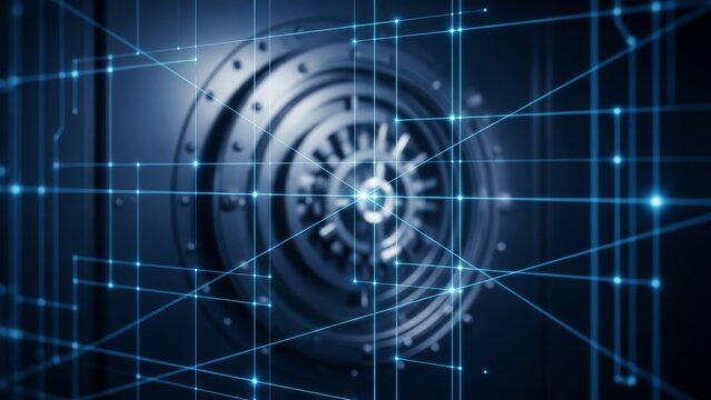 Secure digital data network connection over a bank vault door with glowing blue lines - Powered by Adobe