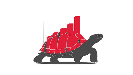 Red turtle silhouette with cityscape on its back in profile view