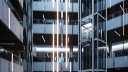Sleek glass elevator in a modern high-tech office building interior with reflective surfaces