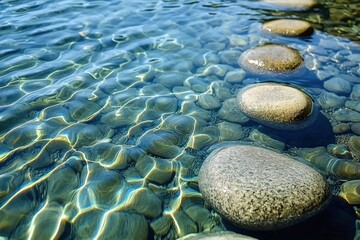Clear shallow water ripples over smooth river stones, creating beautiful light patterns.