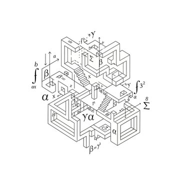 Complex 3d mathematical diagram with various symbols and equations representing advanced calculus concepts in a multilevel architectural structure