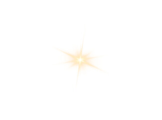 Bright golden starburst light effect with glowing rays and warm gradient on black background, abstract radiant flare isolated in PNG format.