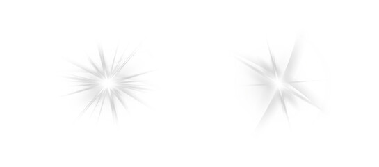 Bright white starburst light effect with sharp rays on black background, abstract glowing flare isolated in PNG format.
