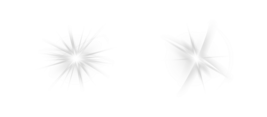 Bright white starburst light effect with sharp rays on black background, abstract glowing flare isolated in PNG format.