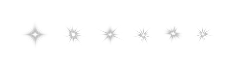 Set of white starburst light effects with different sharp rays on black background, abstract glowing flares collection isolated in PNG format.
