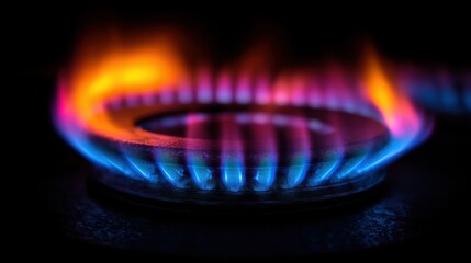 Close-up of blue and orange flames from a gas stove burner