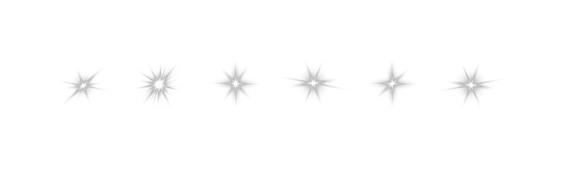 Set of white starburst light effects with different sharp rays on black background, abstract glowing flares collection isolated in PNG format.