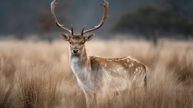 Majestic fallow deer standing in grassy meadow with large antlers - Powered by Adobe