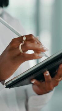 Hands, woman and stylus with tablet in office for research, web design and drawing for artwork. Graphic designer, writing and digital art for brand logo, editing sketch and campaign layout of project