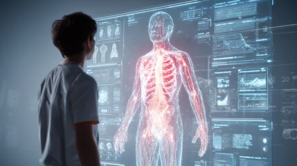 Young male analyzing futuristic holographic human anatomy display