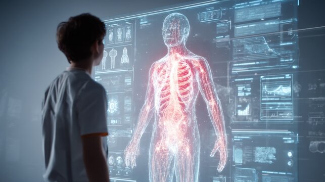 Young male analyzing futuristic holographic human anatomy display - Powered by Adobe