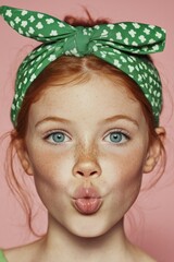 Freckled Redhead Girl Making Kiss Face with Green Headband