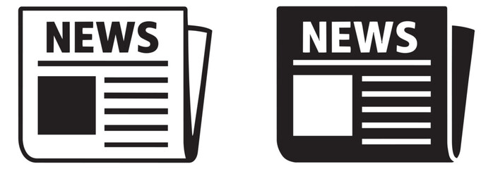 Line art and solid newspaper icon set featuring folded newspapers with news text for communication concepts