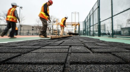 Obraz premium Medium shot of workers installing recycled rubber tiles on a sports court showcasing ecofriendly and sustainable construction materials for durable outdoor surfaces.