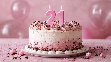 Pink ombre 21st birthday cake with candles and sprinkles