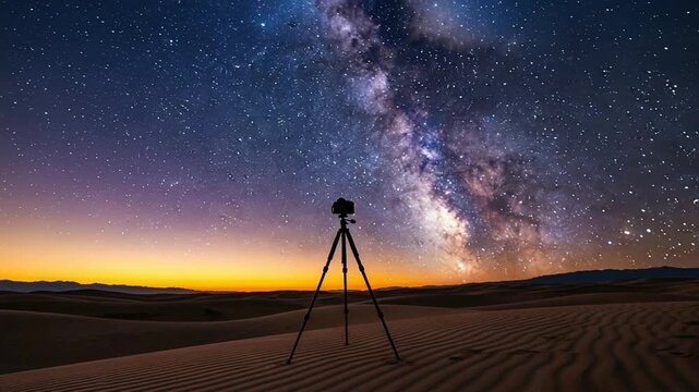 Camera on tripod capturing Milky Way galaxy in desert landscape at sunset with starry night sky