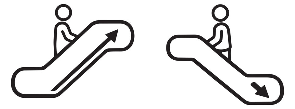Line art icon set featuring people riding escalators up and down for public signage
