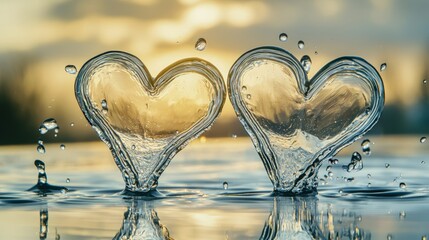Two clear water hearts splashing together against a golden sunset background