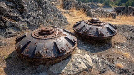 Rusty naval mines on rocky shoreline with distant trees
