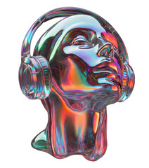 Close-up digital render of a stylized human head sculpture with highly reflective, iridescent chrome/liquid metal surface, wearing futuristic holographic headphones. Isolated on a light background.