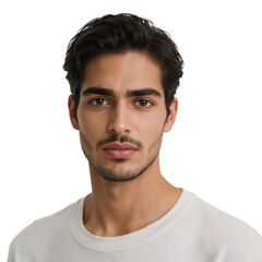 Obraz premium Portrait of a Young Man With Dark Hair Looking Directly at the Camera in a Simple Background Setting