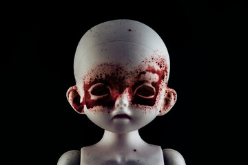 Creepy bloody doll face in the dark