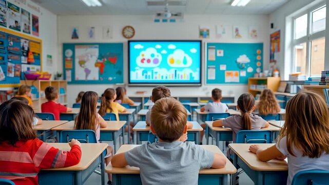 Elementary Classroom of Students Engaged with Digital Lesson on Interactive Screen Showing Modern Teaching, Focused Learning and Collaboration