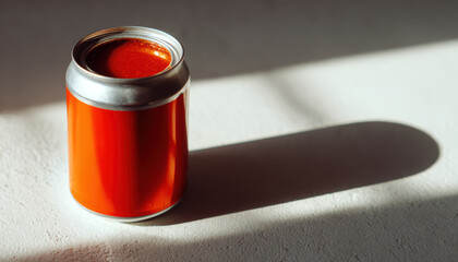 Open Can of Tomato Sauce on White Surface with Shadow