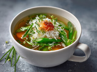 Warm Vegetable Soup in White Cup with Fresh Herbs