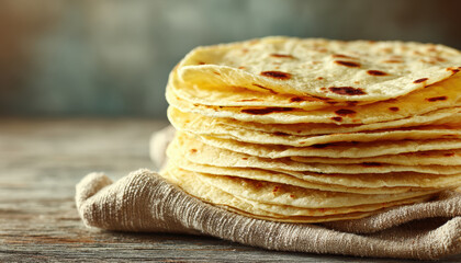Stack of Flatbread Tortillas on Linen Cloth in Rustic Kitchen