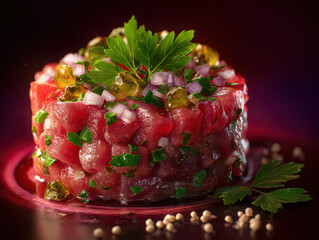 Fresh Tuna Tartare with Herbs on Black Plate