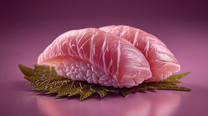 Fresh Pink Tuna Nigiri on Seaweed Bed with Purple Background