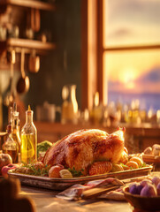Roasted Thanksgiving Turkey on a Tray with Vegetables in Warm Kitchen